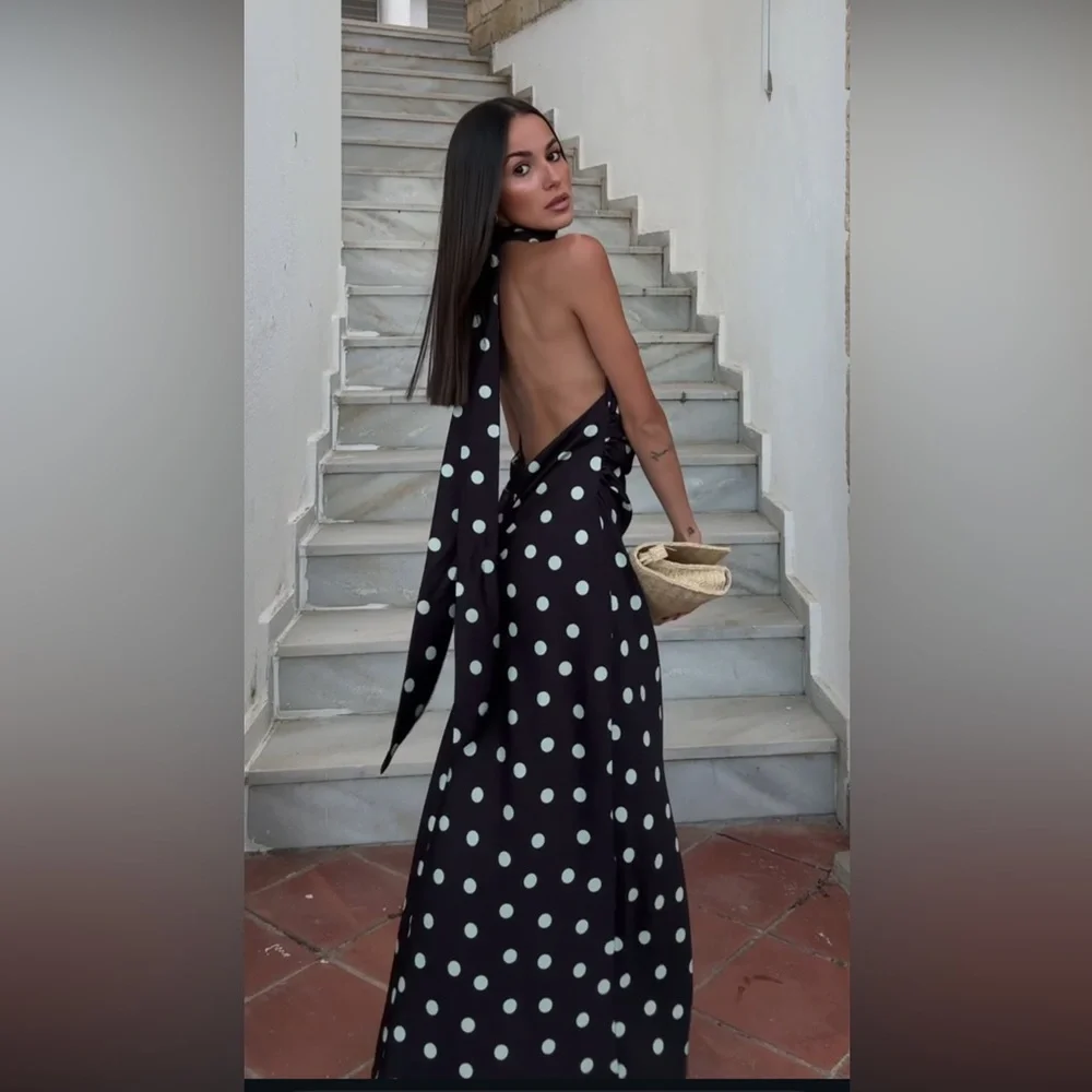 ZARA POLKA DOT SATIN MIDI DRESS - Picture 1 of 15